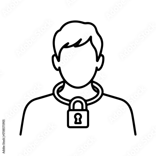Person with padlock around neck symbolizing restriction and lack of freedom