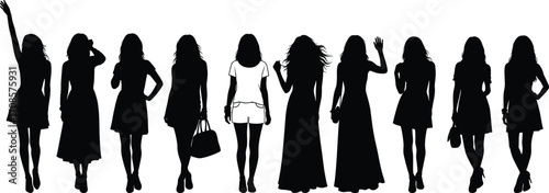 Silhouettes of women in various poses with one detailed central figure, representing fashion diversity, style expression, individuality, and modern lifestyle