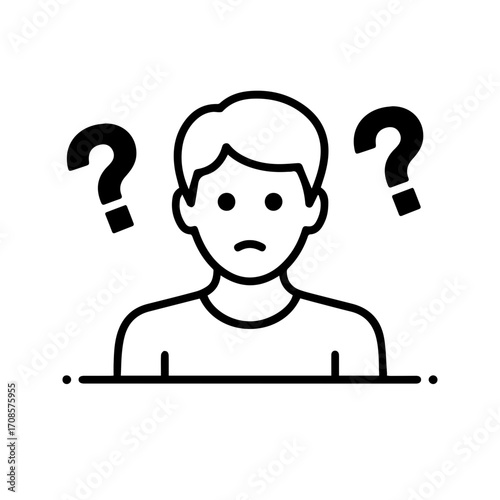 Confused person with question marks expressing uncertainty and doubt.