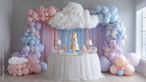 A whimsical birthday party with a cake shaped like a fluffy cloud, surrounded by pastel balloons and translucent tulle for a dreamy vibe