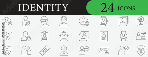 Identity icon set with biometric, face recognition, fingerprint, verification, digital access, secure login, privacy, smartphone, and technology