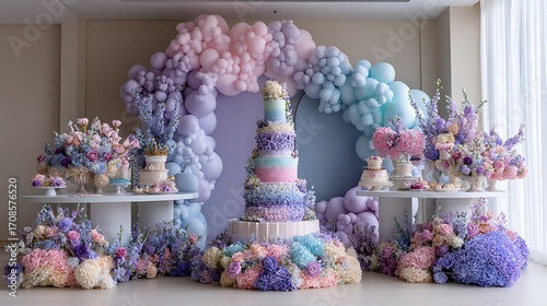 A whimsical birthday setup with a multi-tier cake adorned with pastel colors and surrounded by delicate floral arrangements