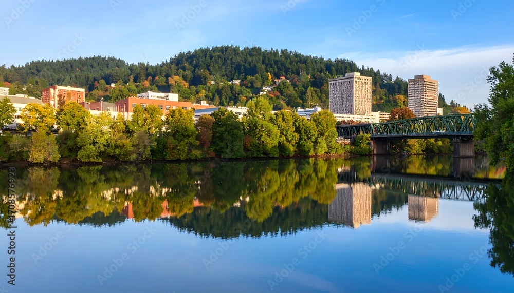 Fototapeta premium Peaceful River Reflection of Eugene, Oregon Skyline with Autumn Foliage