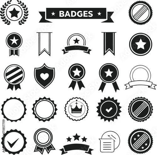 Black and white badge icons with ribbons, seals, stars, shields, and awards. Perfect for certificates, achievements, recognition, and branding. Editable vector emblem set.