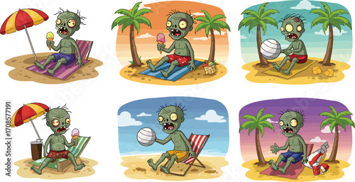 Funny cartoon zombie characters enjoying beach vacation, eating ice cream, relaxing under umbrella, playing volleyball, undead summer holiday illustration for Halloween, comics, or animation