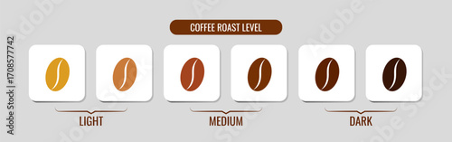 Coffee roast level icons set. Brown coffee bean symbols in different roasting stages. Vector graphics for cafe menu, packaging, and branding design.	