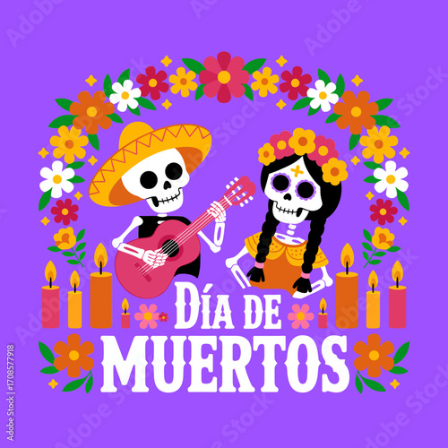 Dia de Muertos celebration, skeleton couple with guitar, candle altar, flower wreath, joyful fiesta scene, vibrant vector design