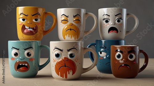 Coffee mugs with sad faces on a wooden table.