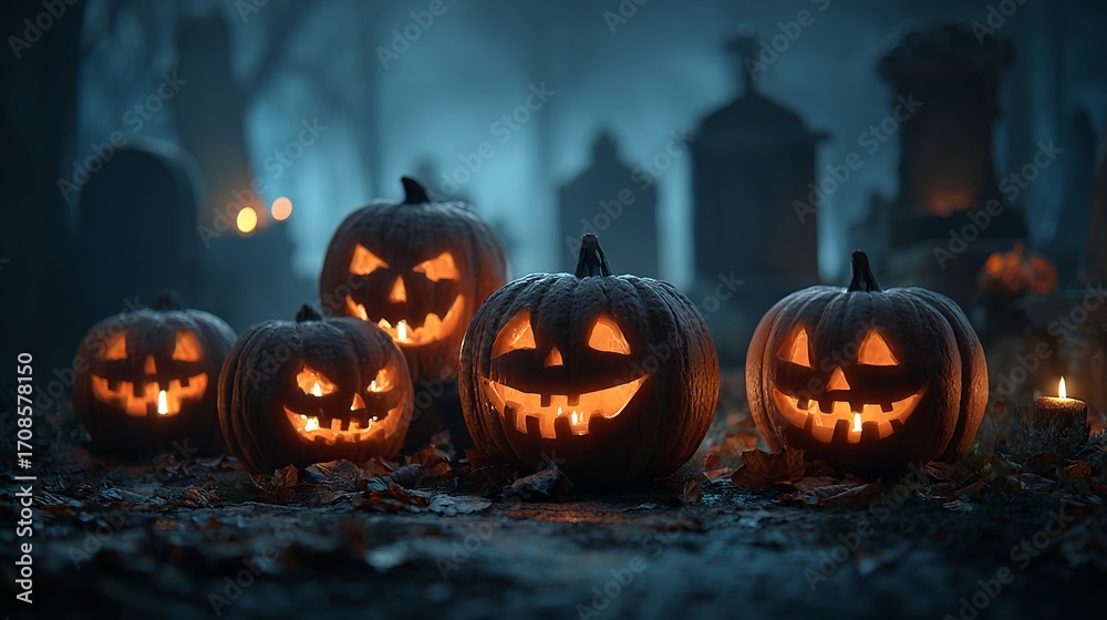 Fototapeta premium Radiant Carved Jack-o’-Lantern with Luminous Pumpkin Glow – Immersive Autumn Visual for Sustainable Event Branding and Digital Wellness