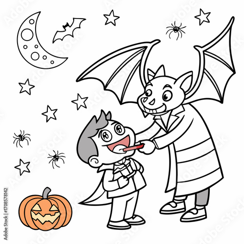 Humorous Halloween coloring page of a bat dentist checking a vampire’s teeth while pumpkins and spiders wait as patients