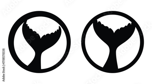 Two Whale fins inside circles on a white background. icon symbol, Whale fin logo, Whale fin icon