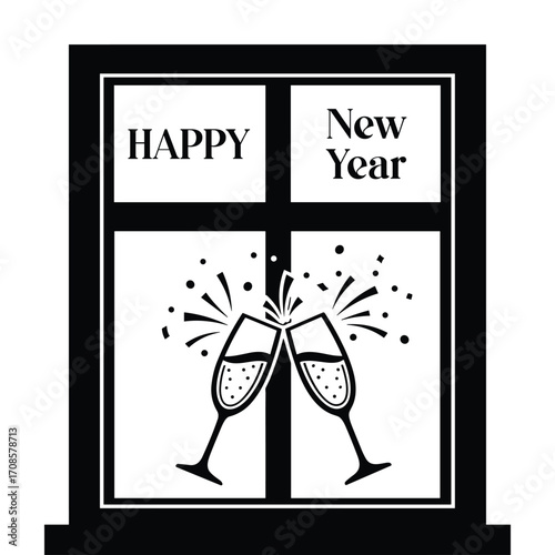 Two champagne glasses clinking with celebratory confetti and a Typography design of Happy New Year celebration