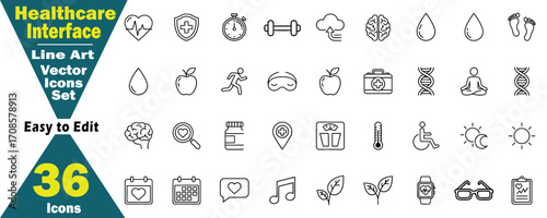 Healthcare and Wellness Interface medical icons set. Assortment of 36 Line Art Vector Icons. 