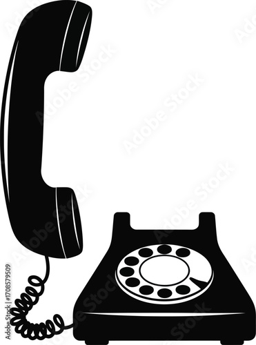 Vintage Rotary Phone with Receiver Off Hook Black and White Illustration.
