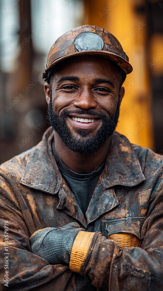 Fototapeta premium A smiling, dark-skinned man in soiled workwear and a hard hat, arms crossed