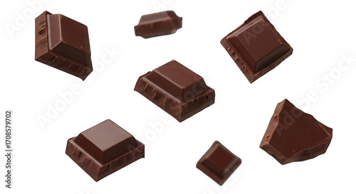 Dark Chocolate Pieces Floating on Black broken food isolated on a transparent background