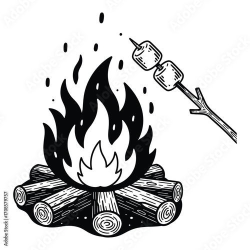 Vector art of black and white campfire with marshmallows isolated on white background