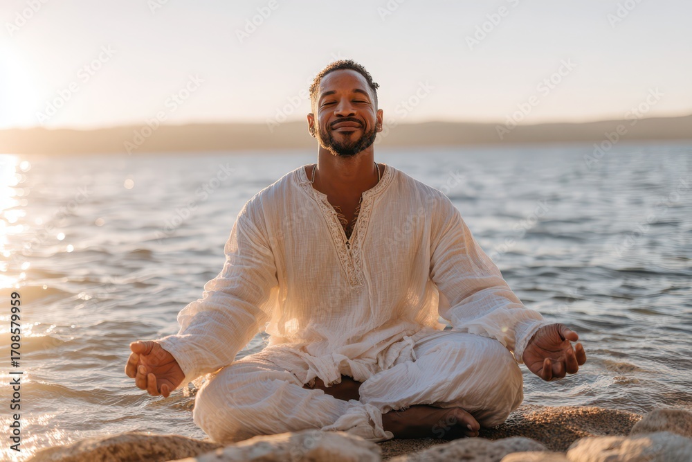 Fototapeta premium A serene African American man practices meditation at sunset by the tranquil lake, finding inner peace and balance in nature's beauty, wearing comfortable white clothing.