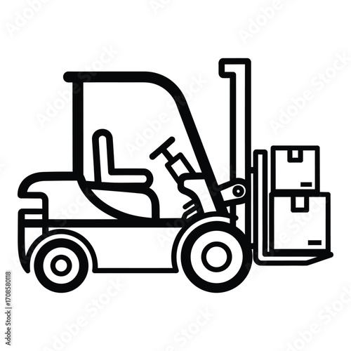 Vector art of forklift carrying boxes isolated on white background in black and white