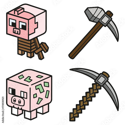 Collection of colorful voxel icons featuring pixel pigs and mining pickaxes. Ideal for gaming assets, adventure themes, and creative design projects. Editable vector illustration.