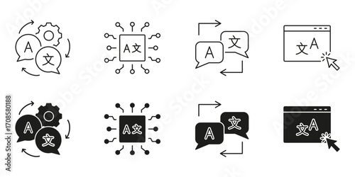 Language Translation And Localization Line And Solid Icon Set. Multilingual Communication, Ai Translation, Globalization Symbol Collection. Isolated Vector Illustration