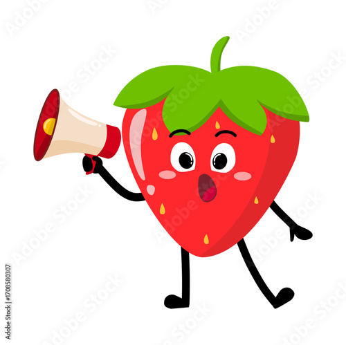 Cute Hand Drawn Strawberry Speaking Through Megaphone Bravely