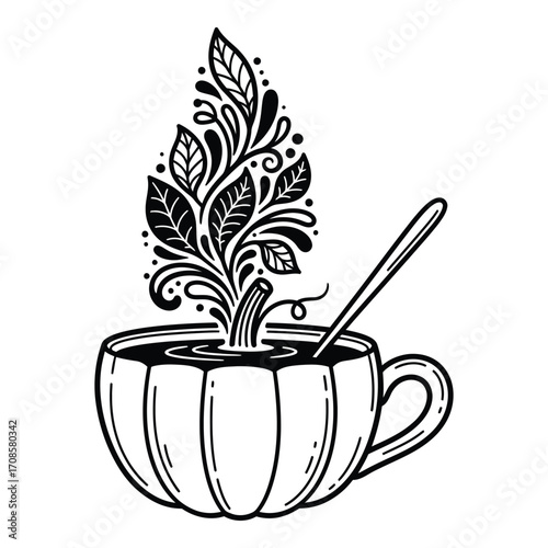 Vector art of pumpkin spice latte with leaves isolated on white background illustration