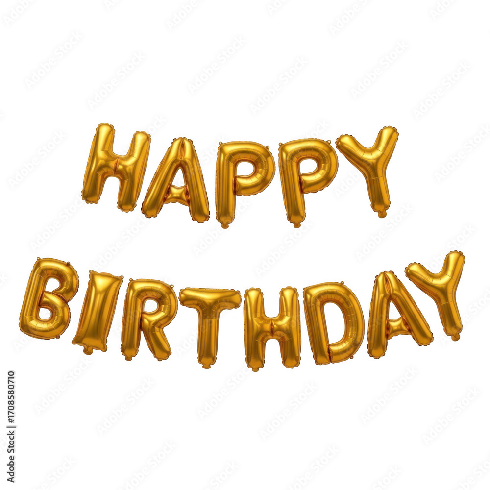 Shiny gold foil balloons forming the words happy birthday isolated on transparent background
