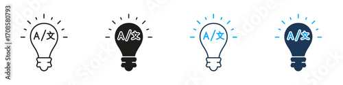 Light Bulb With Language Symbols Line And Solid Icon Set. Translation, Multilingual Communication, And Language Learning Symbol Collection. Global Communication. Isolated Vector Illustration
