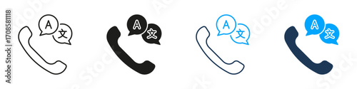 Phone Translation Service Line And Solid Icon Set. Multilingual Communication And Language Interpretation Symbol Collection. Telephonic Language Support. Isolated Vector Illustration
