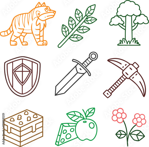 Set of colorful outline icons including tiger, plants, tree, shield, sword, pickaxe, food, and flowers. Perfect for game design, education, and creative projects. Editable vector illustration..