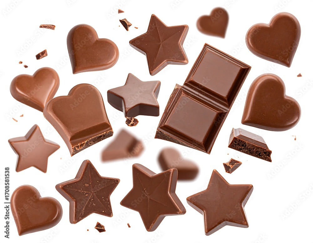 Fototapeta premium Assorted chocolate shapes and bars in mid-air against white