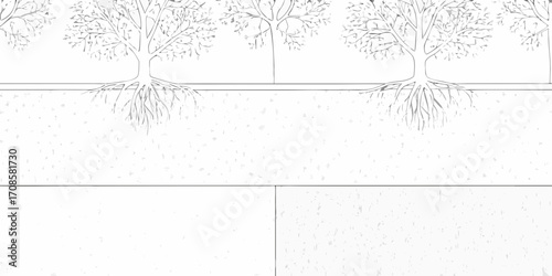 Stylized illustration of tree roots spreading underground with bare branches above ground