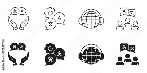 Language Translation And Communication Line And Solid Icon Set. Language Services And Technology. Multilingual Support, Global Communication Symbol Collection. Isolated Vector Illustration