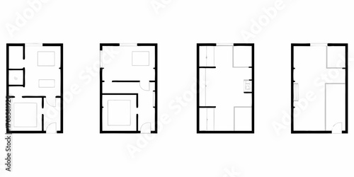 Four different simple floor plan layouts for small apartments or rooms with beds and furniture