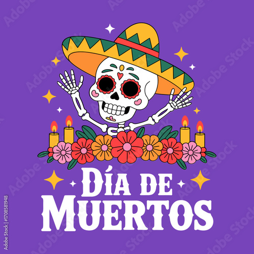Dia de Muertos greeting, smiling skeleton with sombrero, marigold flowers border, candles glowing, purple background, festive celebration vector