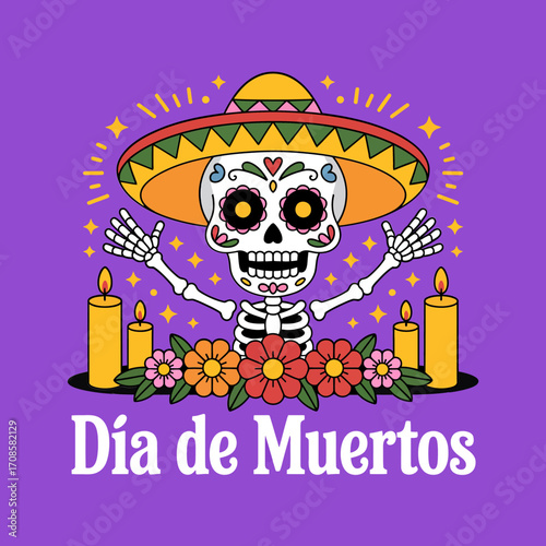 Dia de Muertos artwork, cute skeleton wearing sombrero, laurel and star accents, candle altar, floral decorations, vector illustration