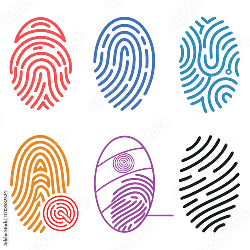 Colorful fingerprint icons in modern line art style for digital identity and security. Includes diverse biometric patterns in red, blue, orange, purple, and black. Perfect for tech, apps, and data.