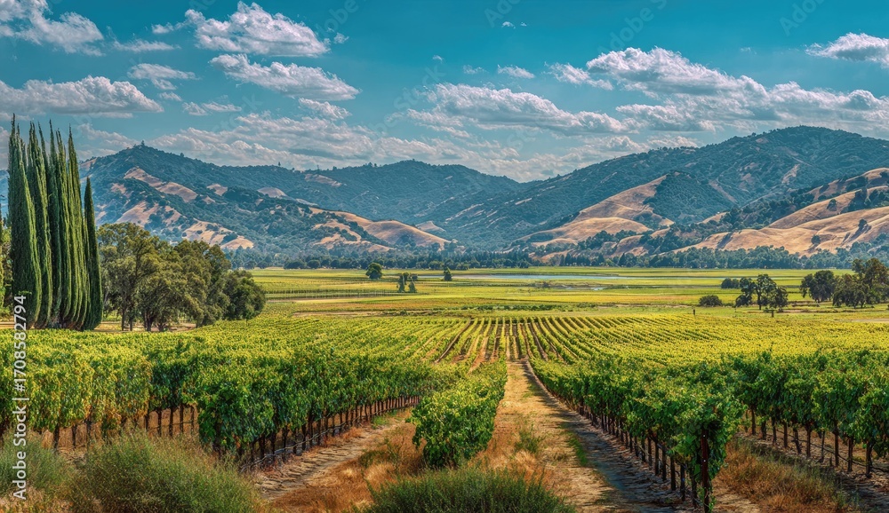 Naklejka premium Panoramic vineyard landscape under a partly cloudy sky