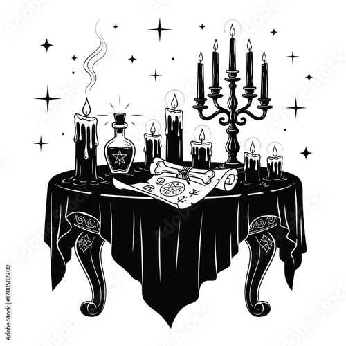 Vector art of a witchs table with candles and spell book isolated on white background