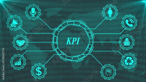 Global business analytics dashboard with K P I icons and world map data visualization technology concept for corporate strategy and financial performance tracking