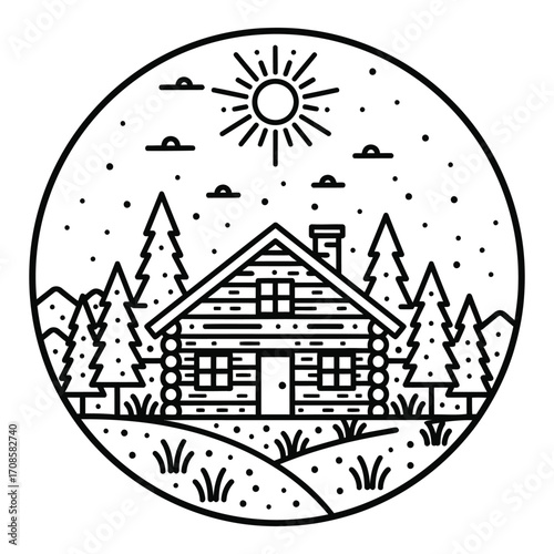Illustration of a cozy log cabin nestled in a serene forest landscape