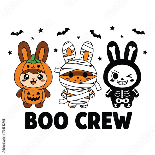 Vector art of cute boo crew bunnies in halloween costumes isolated on white background
