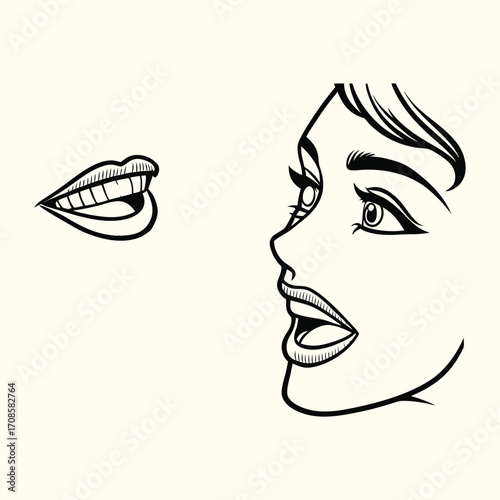 Pop art style woman talking with expressive face and open mouth. Retro comic line drawing showing lips and female profile. Ideal for speech, communication, or storytelling themes.