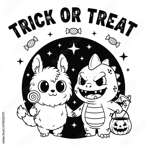 Vector art of trick or treat illustration with cute monster friends isolated on white