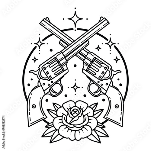 Vector art of crossed revolvers with rose isolated on white background