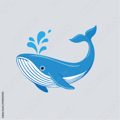 Illustrative depiction of a blue whale, aquatic mammal, with water spout and curved tail
