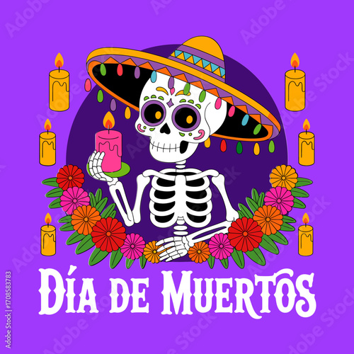 Dia de Muertos party scene, skeleton with sombrero, holding drink, surrounded by candles, marigold garland, cheerful purple vector