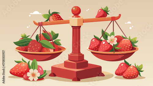 Red strawberries balanced on a vintage scale with leaves and flowers