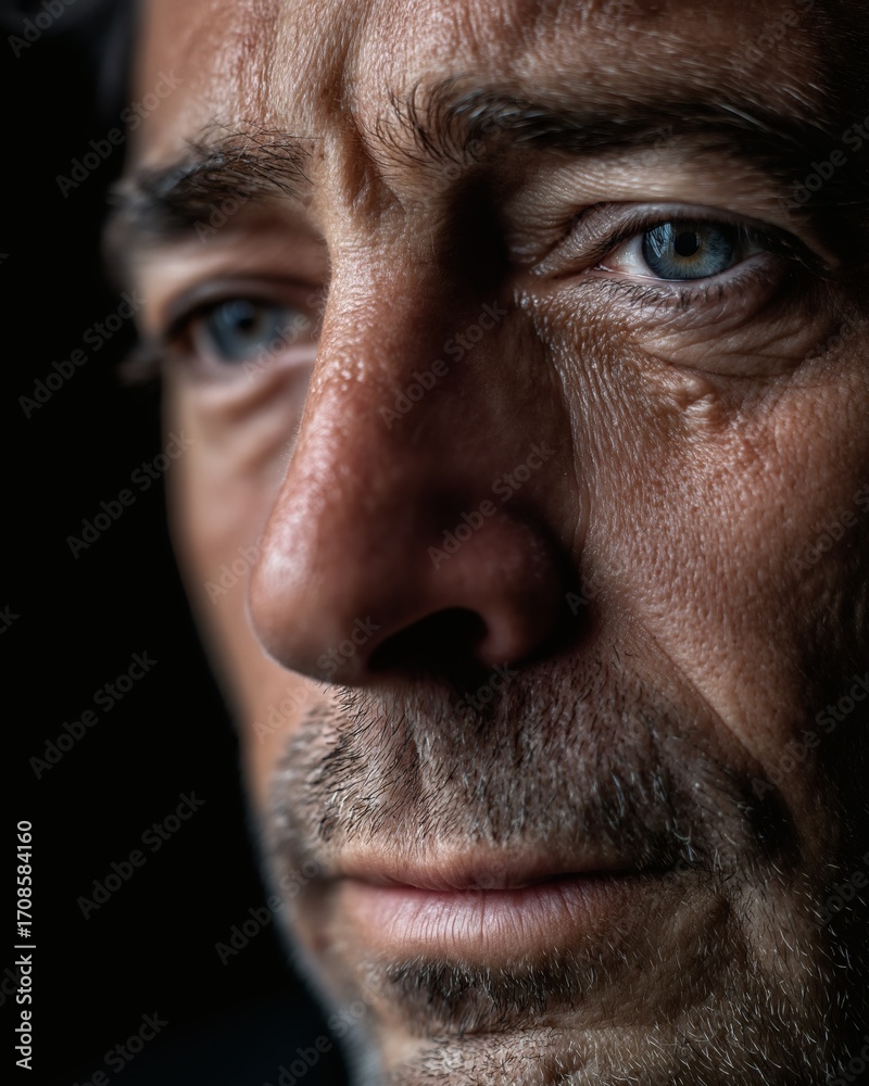 Fototapeta premium Intense Gaze: Portrait of a man with striking blue eyes and dark mood